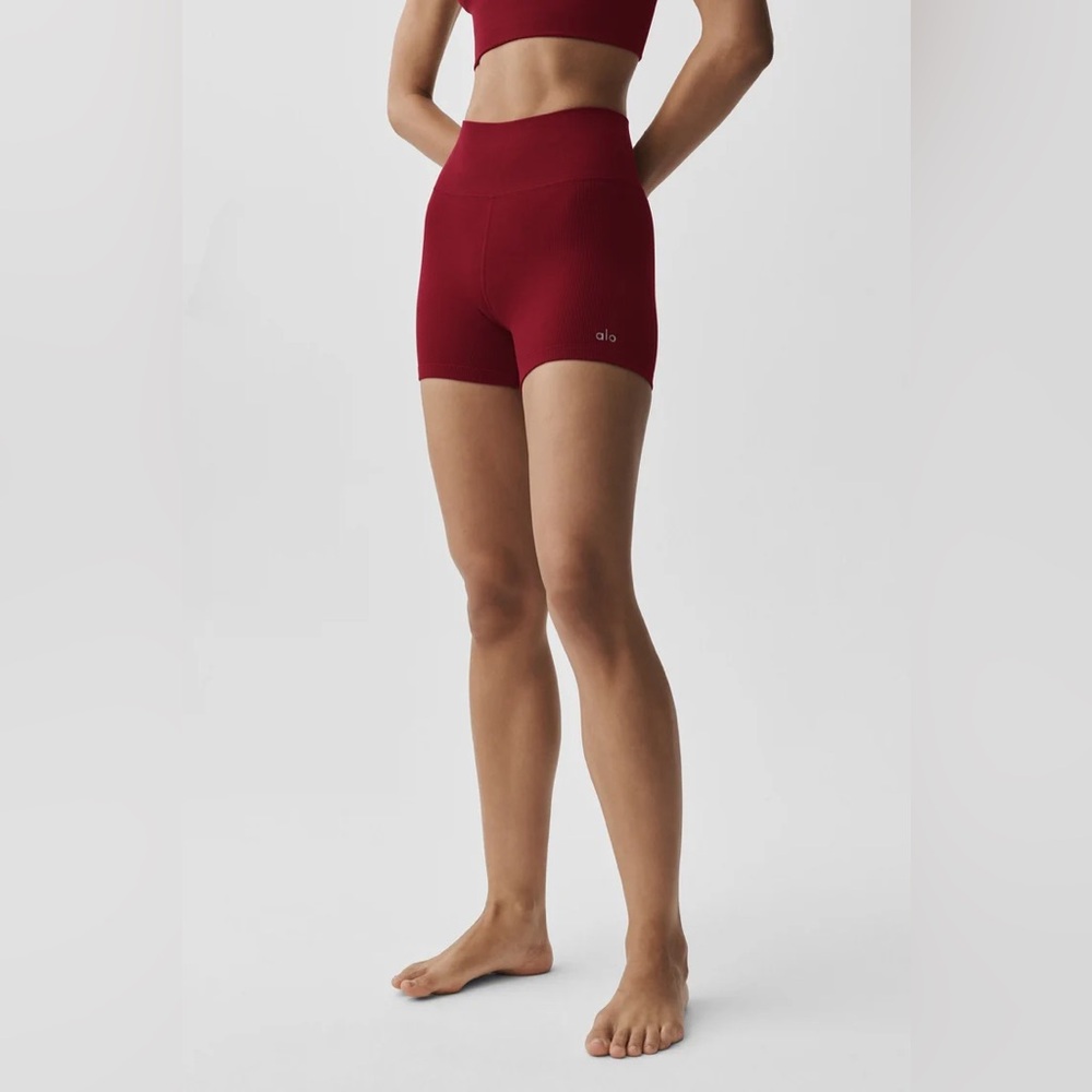 Alo Yoga 4" Seamless Modal Ribbed High-Waist Short Summer Romance Red S - Picture 2 of 7